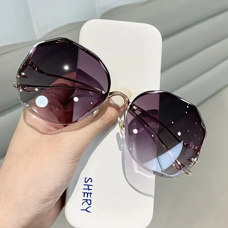 Irregular Round Sunglases, Women Brand Designer Gradient Fashion Sun Glasses, Female Rimless Metal Curved Temples Oculos De Sol
