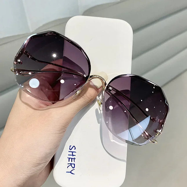 Irregular Round Sunglases Women Brand Designer Gradient Fashion Sun Glasses Female Rimless Metal Curved Temples Oculos De Sol