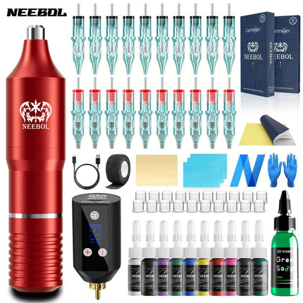 Neebol Wireless Tattoo Kit, Complete Kit Tattoo Pen with 1500mAh LED, 1set, Cordless Tattoo Power Supply for Beginners,Body Art