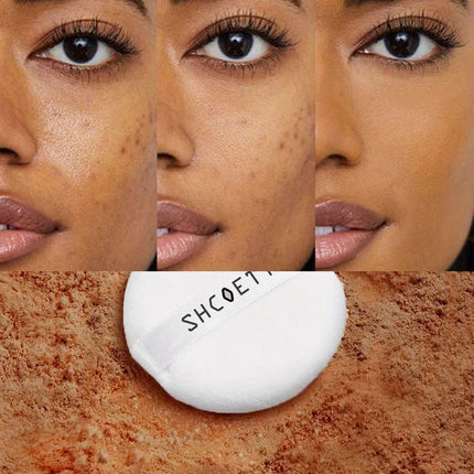 Close-up of a woman's face with a focus on her eyes and lips, with a Shcofey makeup sponge in the foreground.