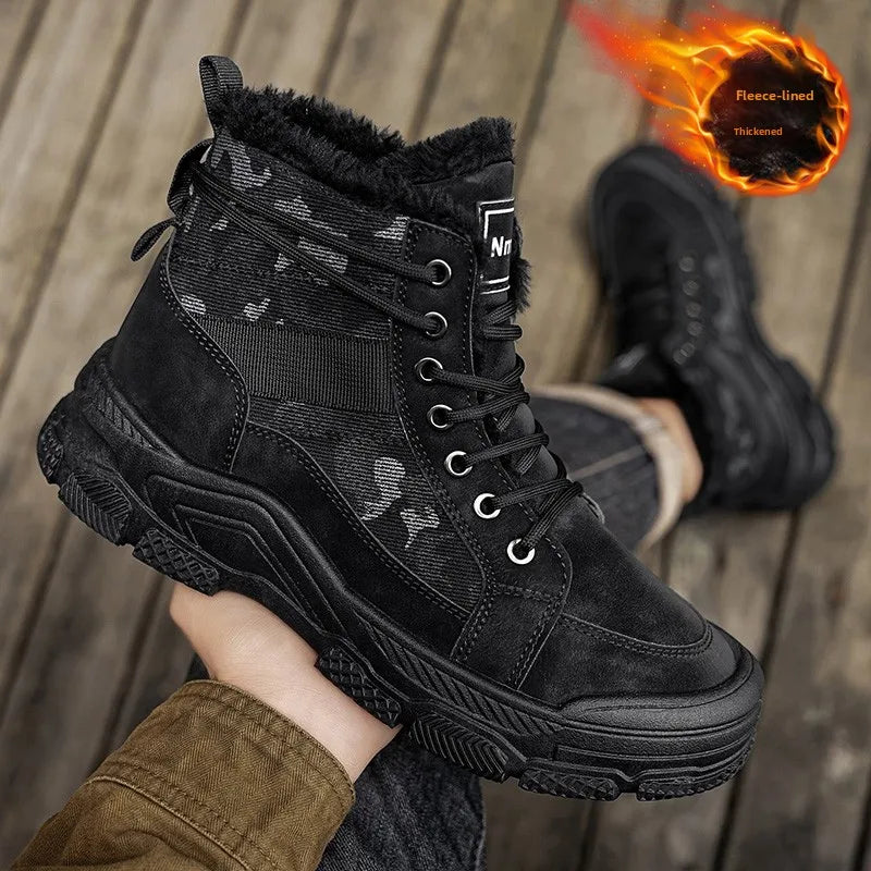 Men’s Winter Ankle Snow Boots – PU Lace-Up Round Toe Velvet Lined Shoes