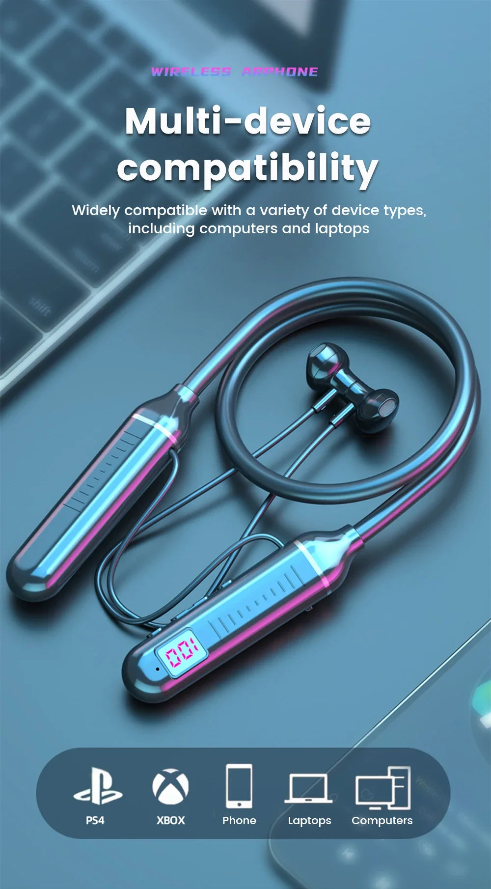 Wireless Earphones 5.3 Neckband, Headphones Gaming LED Display, Stereo Sports Headset Halter, Waterproof Magnetic Earbuds