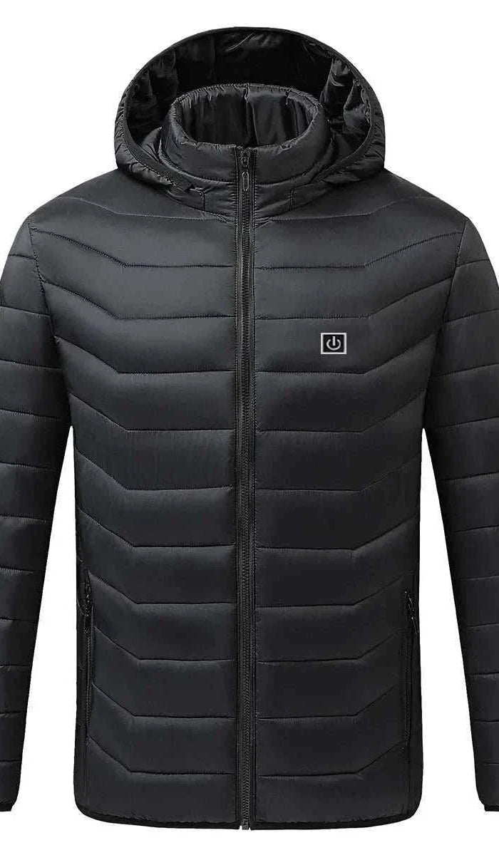 Men's and women's black heated jacket with hood, USB electric heating, waterproof and windproof design, featuring 9 carbon fiber heating pads.