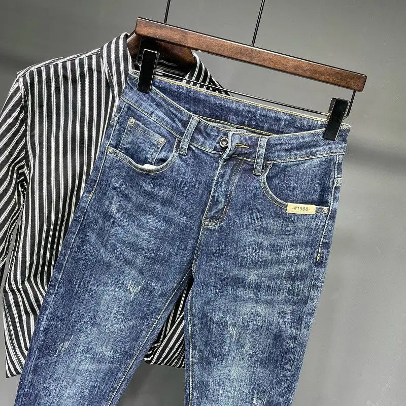 Jeans Men's Spring and Summer New High-end Trend Blue Slim-fitting Pants Brand Korean Streetwear High Street Retro Long Pants