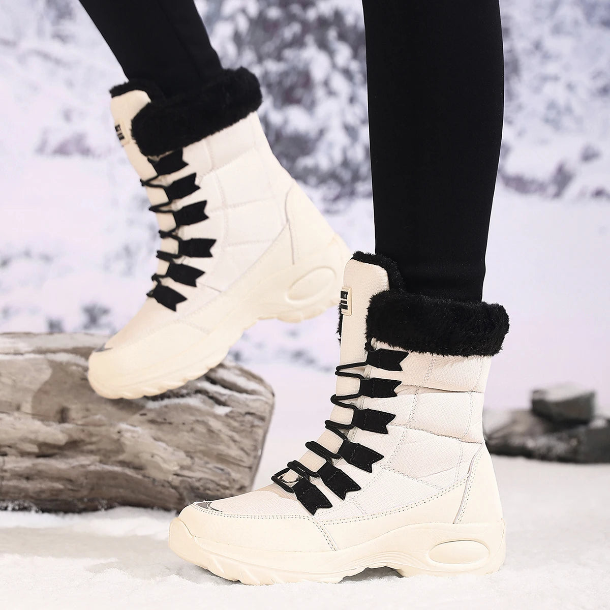 Women’s Mid-Calf Winter Snow Boots – Lace-Up Plush Lined Wedge Street Style Boots