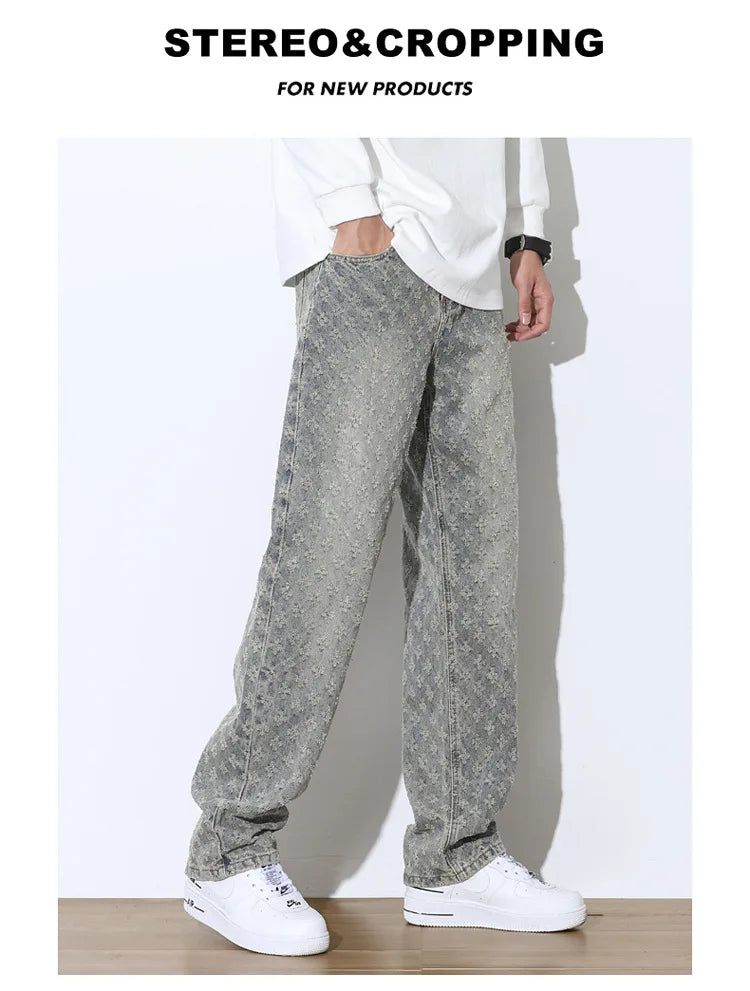 Men’s Jacquard Full Print Jeans Washed Wide Leg Long Pants