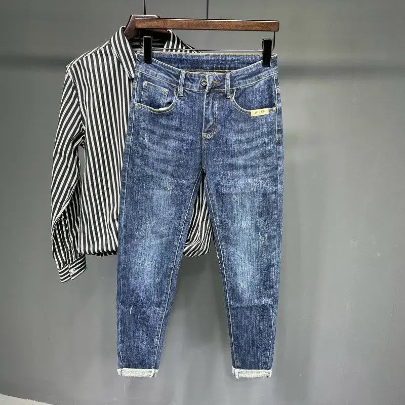 Jeans Men's Spring and Summer New High-end Trend Blue Slim-fitting Pants Brand Korean Streetwear High Street Retro Long Pants