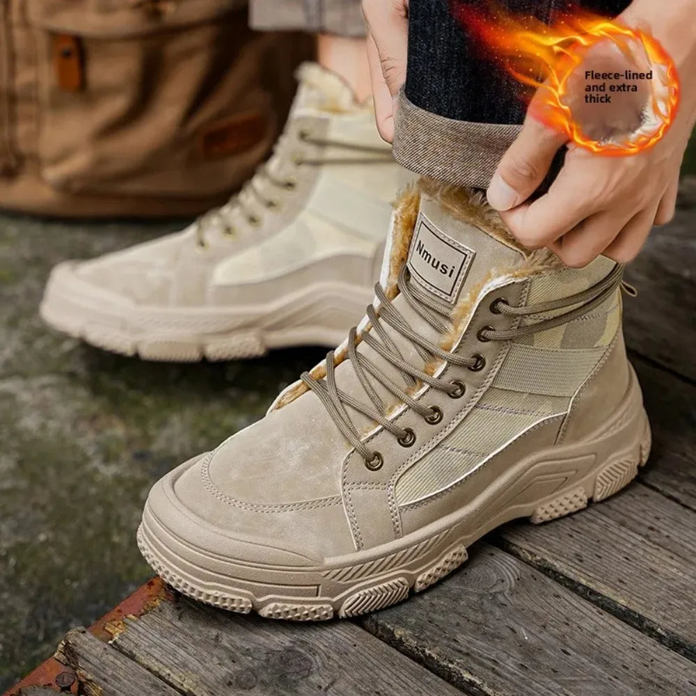 Men’s Winter Ankle Snow Boots – PU Lace-Up Round Toe Velvet Lined Shoes