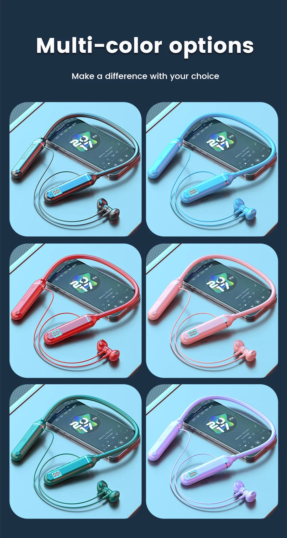 Wireless Earphones 5.3 Neckband, Headphones Gaming LED Display, Stereo Sports Headset Halter, Waterproof Magnetic Earbuds