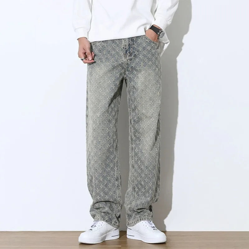 Men’s Jacquard Full Print Jeans Washed Wide Leg Long Pants