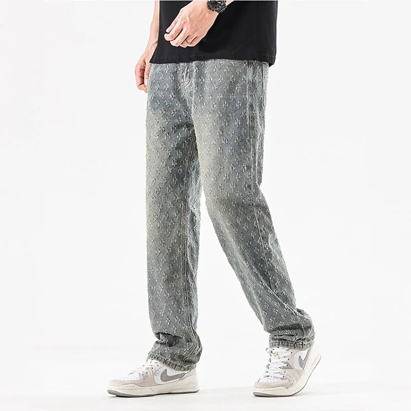 Men’s Jacquard Full Print Jeans Washed Wide Leg Long Pants