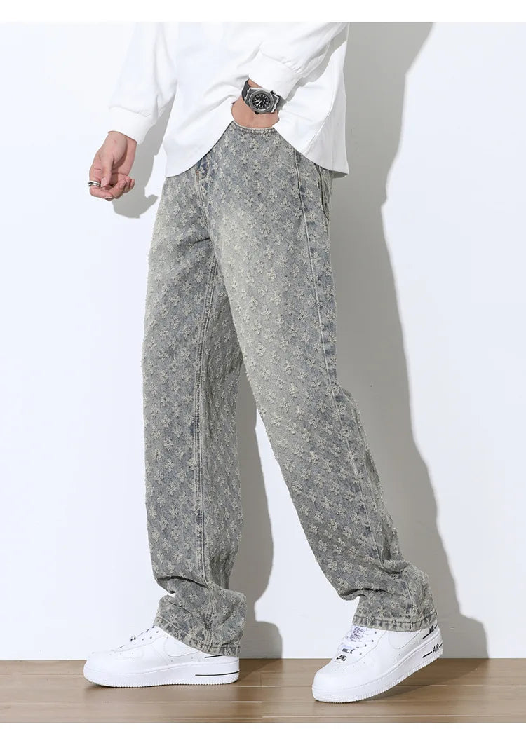 Men’s Jacquard Full Print Jeans Washed Wide Leg Long Pants