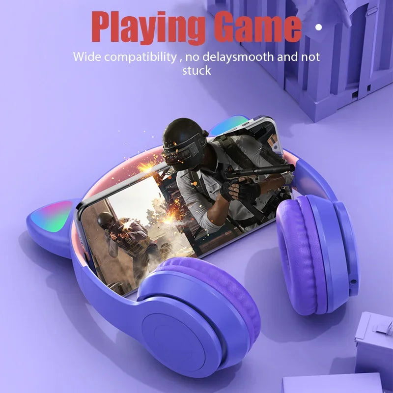 Wireless Headphones Cat Ear, Bluetooth-Compatible Helmets, Stereo Bass Over-Ear Headsets, Sports Headphones for Kids and Adult