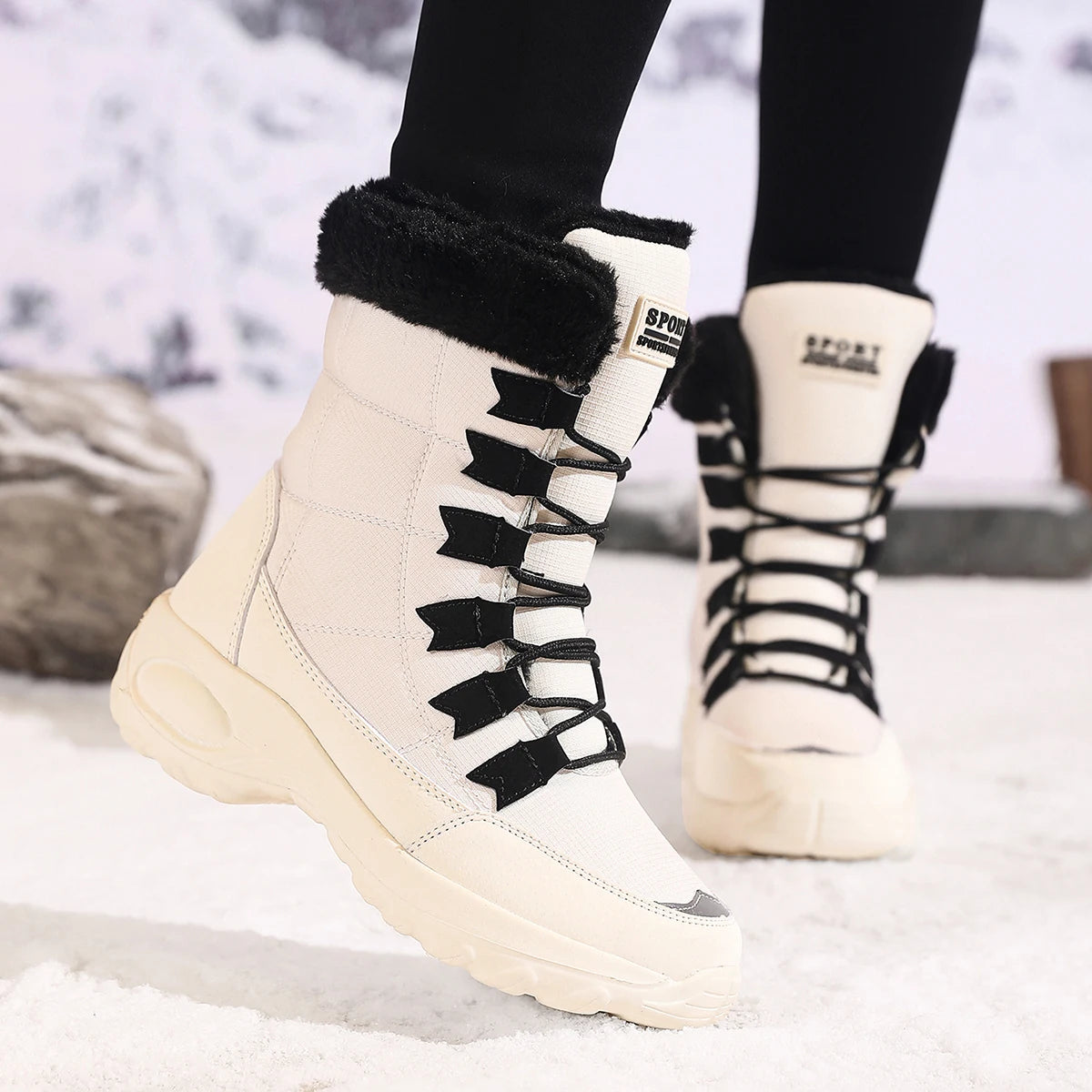Women’s Mid-Calf Winter Snow Boots – Lace-Up Plush Lined Wedge Street Style Boots