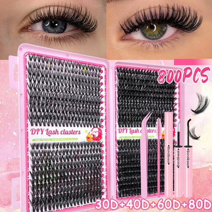 800PCS 30406080D Clusters Lashes Extension Kit, Length 9-16mm Natural Eyelashes,Cat eye,Bond and Seal,Tweezers,Brush,DIY At Home