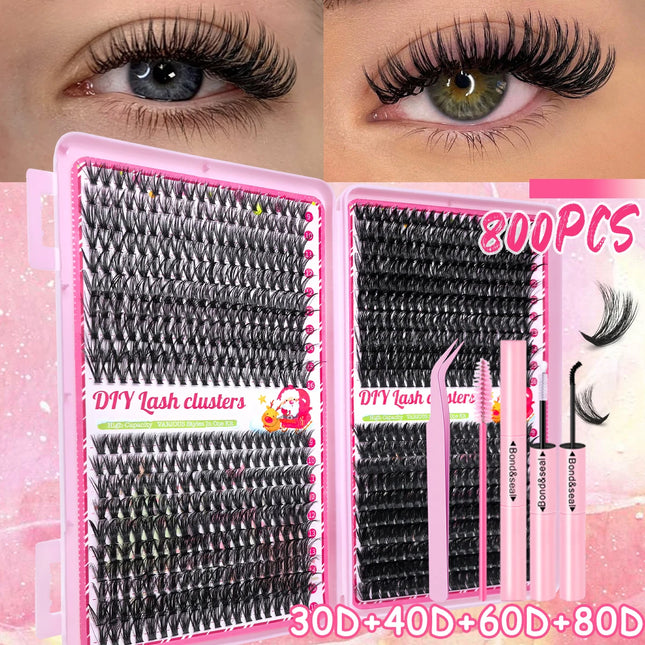 800PCS 30406080D Clusters Lashes Extension Kit, Length 9-16mm Natural Eyelashes,Cat eye,Bond and Seal,Tweezers,Brush,DIY At Home