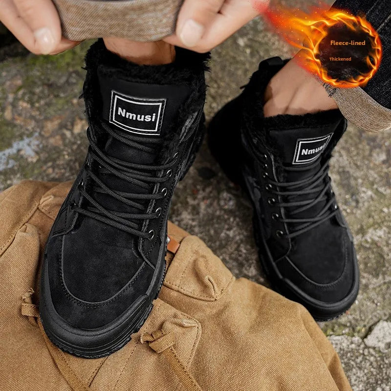 Men’s Winter Ankle Snow Boots – PU Lace-Up Round Toe Velvet Lined Shoes