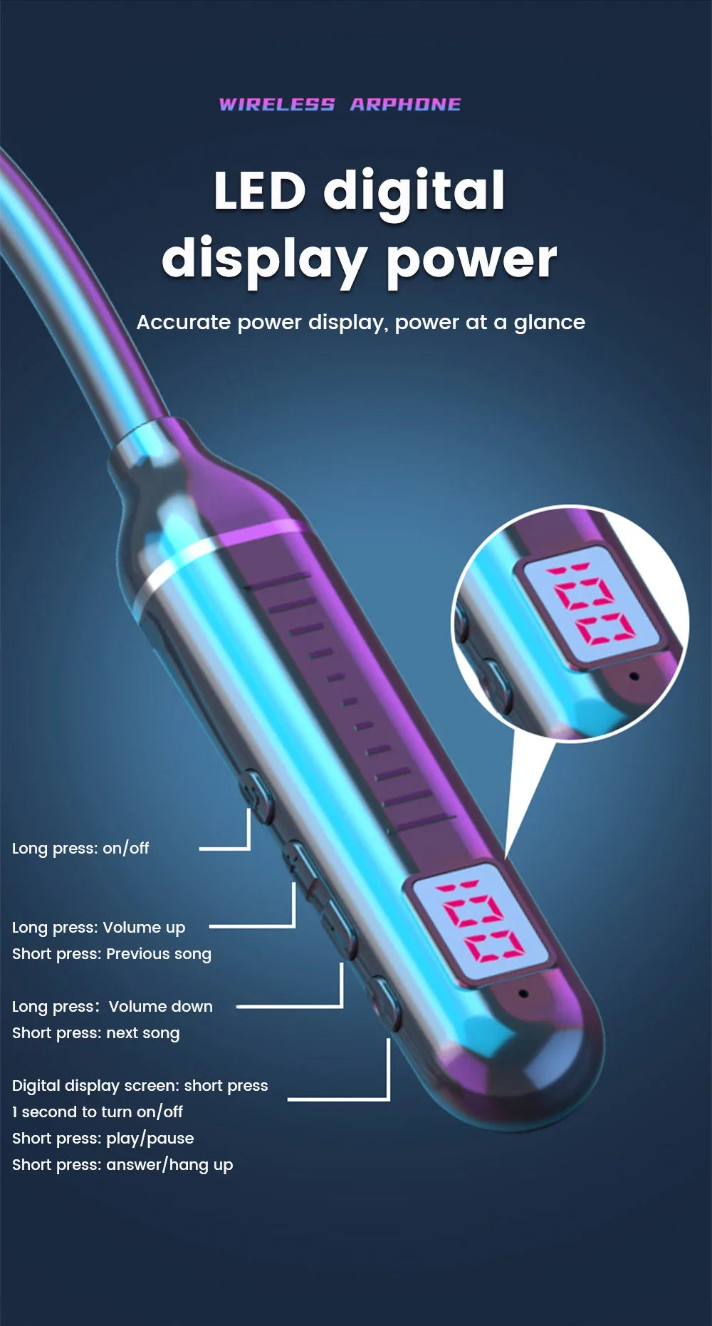 Wireless Earphones 5.3 Neckband, Headphones Gaming LED Display, Stereo Sports Headset Halter, Waterproof Magnetic Earbuds