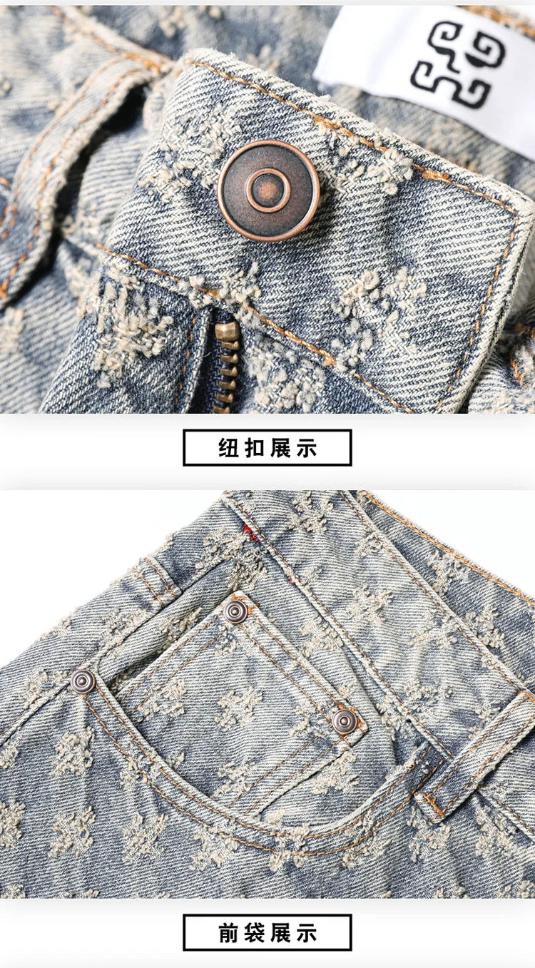 Men’s Jacquard Full Print Jeans Washed Wide Leg Long Pants