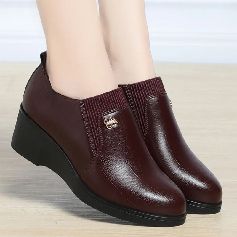Women’s 2025 PU Wedge Slip-On Shoes – Waterproof Medium Heel Shoes