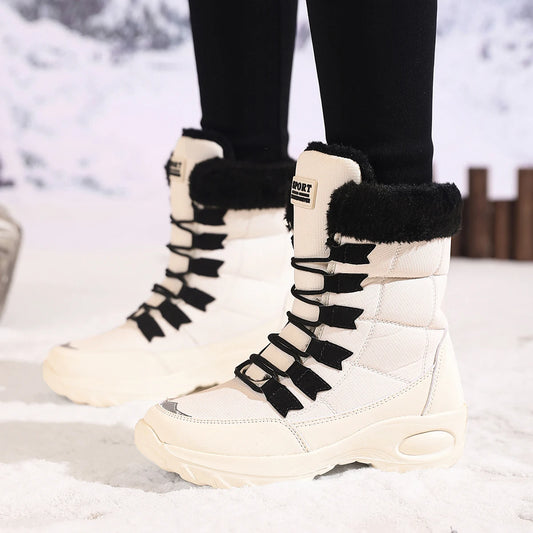 Women’s Mid-Calf Winter Snow Boots – Lace-Up Plush Lined Wedge Street Style Boots