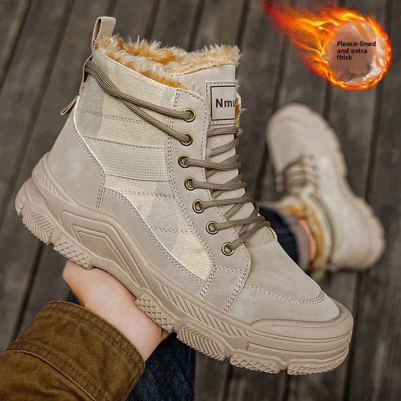 Men’s Winter Ankle Snow Boots – PU Lace-Up Round Toe Velvet Lined Shoes