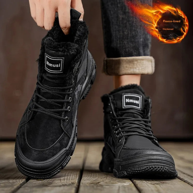 Men’s Winter Ankle Snow Boots – PU Lace-Up Round Toe Velvet Lined Shoes