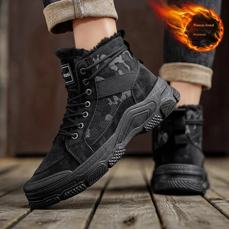 Men’s Winter Ankle Snow Boots – PU Lace-Up Round Toe Velvet Lined Shoes