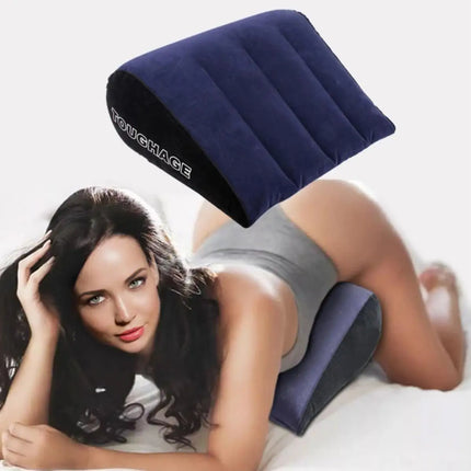 Woman lying on a white surface with an inflatable pillow labeled 'TOUCHAGE' above her head.