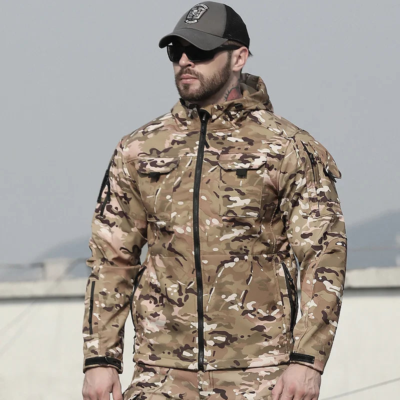 Men’s Military Patchwork Jacket – Winter Travel, Hooded Zipper Coat
