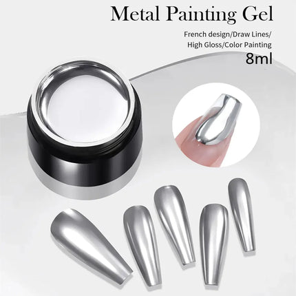 Makartt 8ml Mirror Shine Gel Metallic Silver Gel UV/LED Gel Metal Painting Gel Drawing Mirror Nail gel for Nail Art Designs