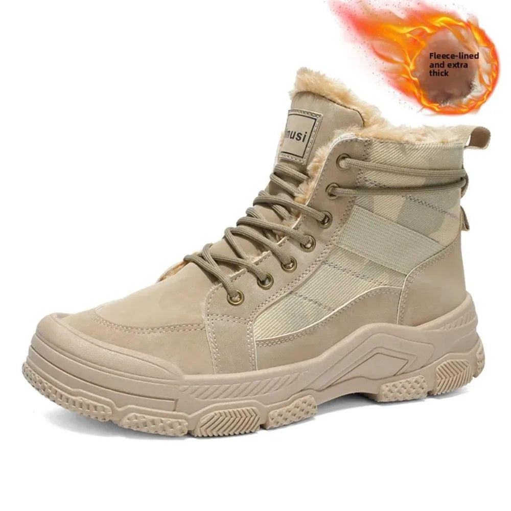 Men’s Winter Ankle Snow Boots – PU Lace-Up Round Toe Velvet Lined Shoes