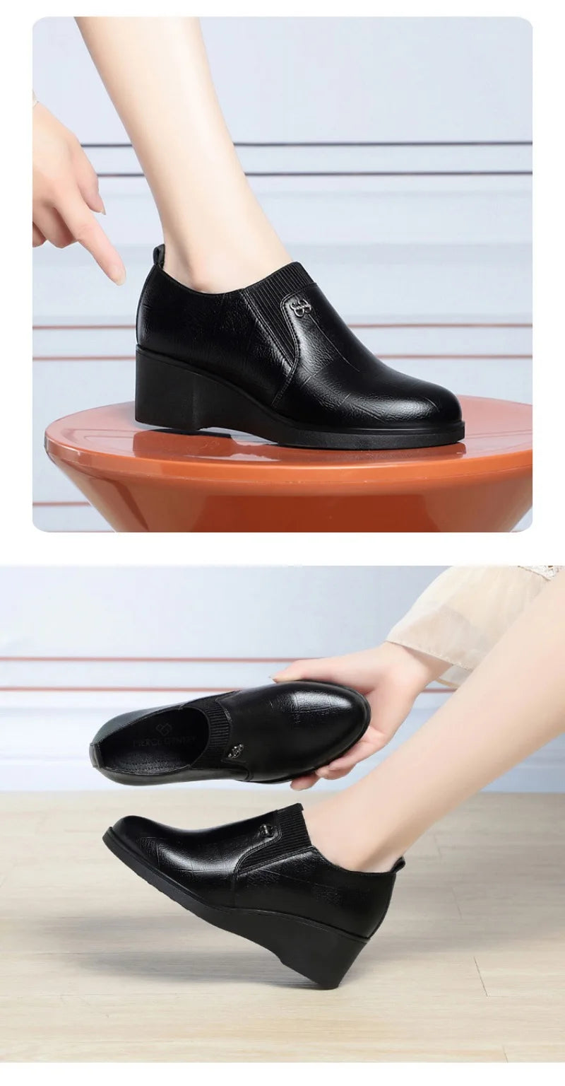 Women’s 2025 PU Wedge Slip-On Shoes – Waterproof Medium Heel Shoes