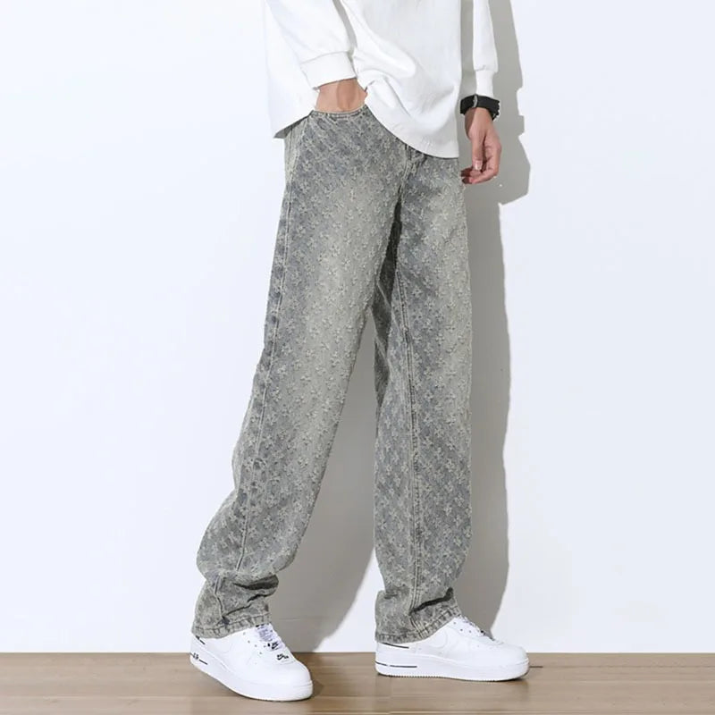 Men’s Jacquard Full Print Jeans Washed Wide Leg Long Pants