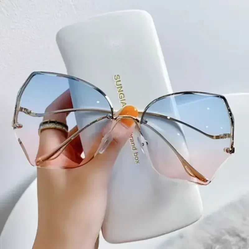 Irregular Round Sunglases, Women Brand Designer Gradient Fashion Sun Glasses, Female Rimless Metal Curved Temples Oculos De Sol