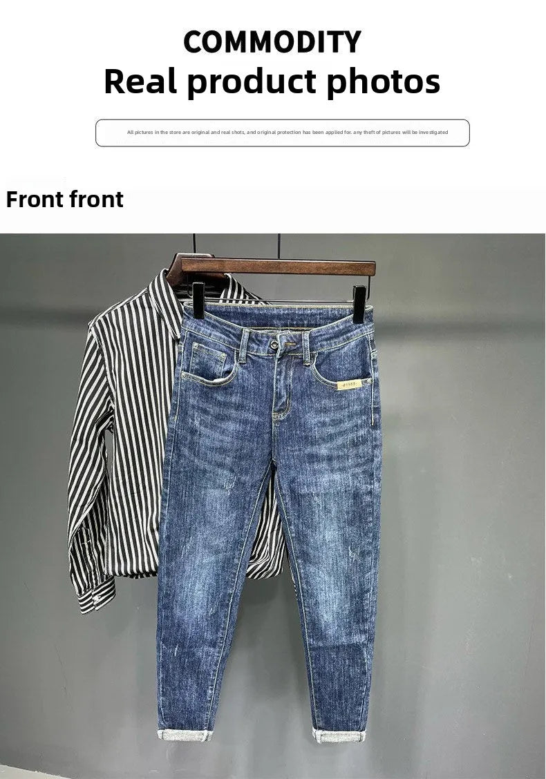 Jeans Men's Spring and Summer New High-end Trend Blue Slim-fitting Pants Brand Korean Streetwear High Street Retro Long Pants