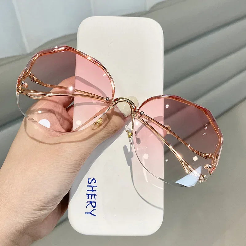 Irregular Round Sunglases, Women Brand Designer Gradient Fashion Sun Glasses, Female Rimless Metal Curved Temples Oculos De Sol