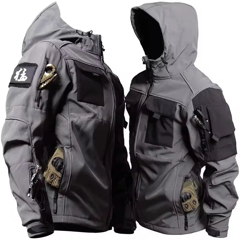 Men’s Military Patchwork Jacket – Winter Travel, Hooded Zipper Coat