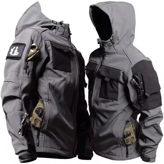 Men’s Military Patchwork Jacket – Winter Travel, Hooded Zipper Coat