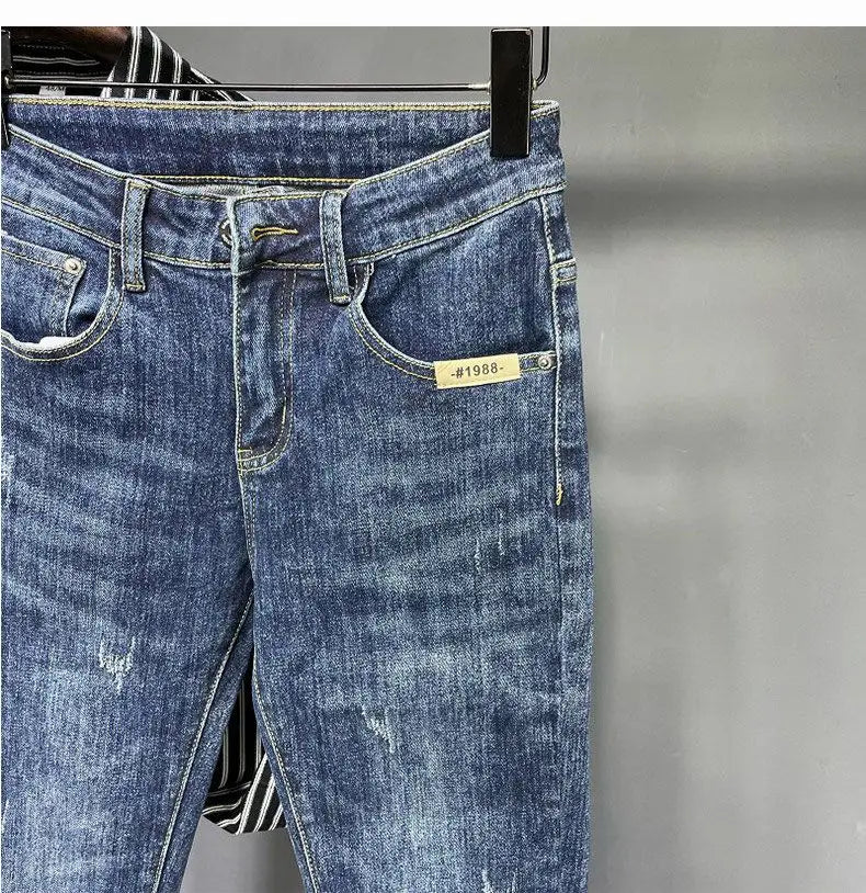 Jeans Men's Spring and Summer New High-end Trend Blue Slim-fitting Pants Brand Korean Streetwear High Street Retro Long Pants