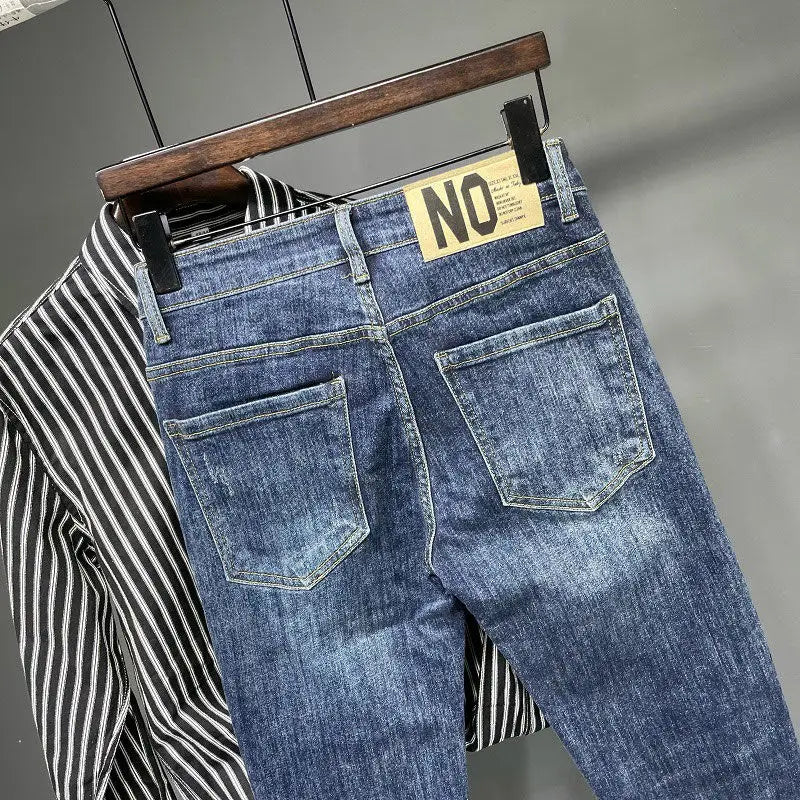 Jeans Men's Spring and Summer New High-end Trend Blue Slim-fitting Pants Brand Korean Streetwear High Street Retro Long Pants