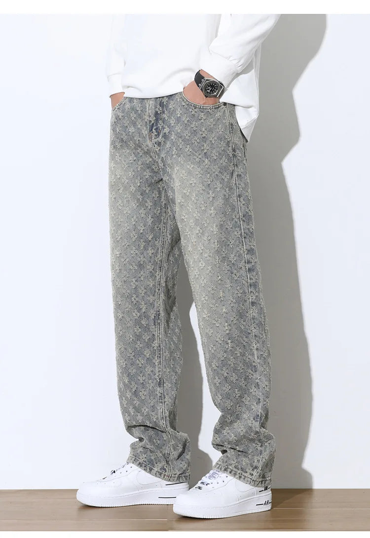 Men’s Jacquard Full Print Jeans Washed Wide Leg Long Pants