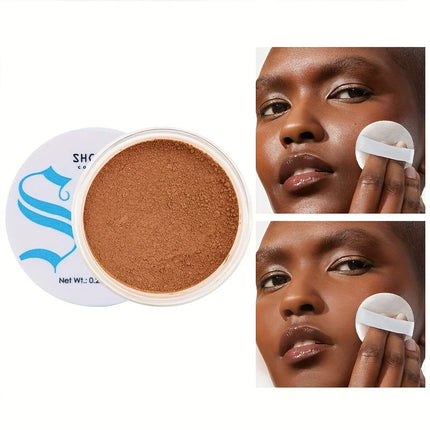 Cosmetic powder with a applicator and close-up shots of a person using it on their face.