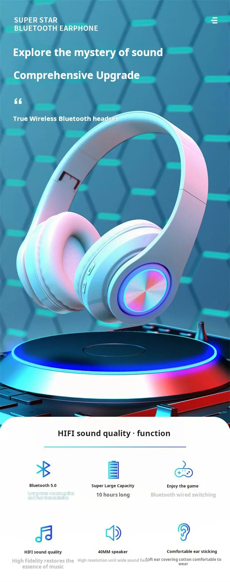 Headsets Gamer Headphones, Blutooth Surround Sound Stereo, Wireless Earphone USB With, MicroPhone Colourful Light PC Laptop Headset