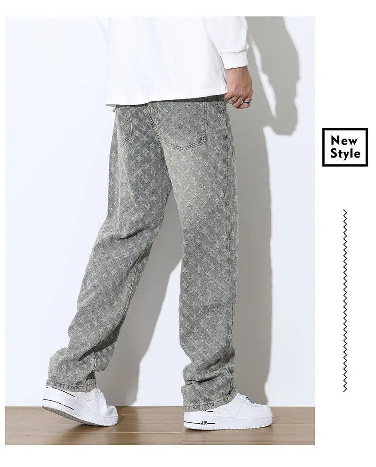 Men’s Jacquard Full Print Jeans Washed Wide Leg Long Pants