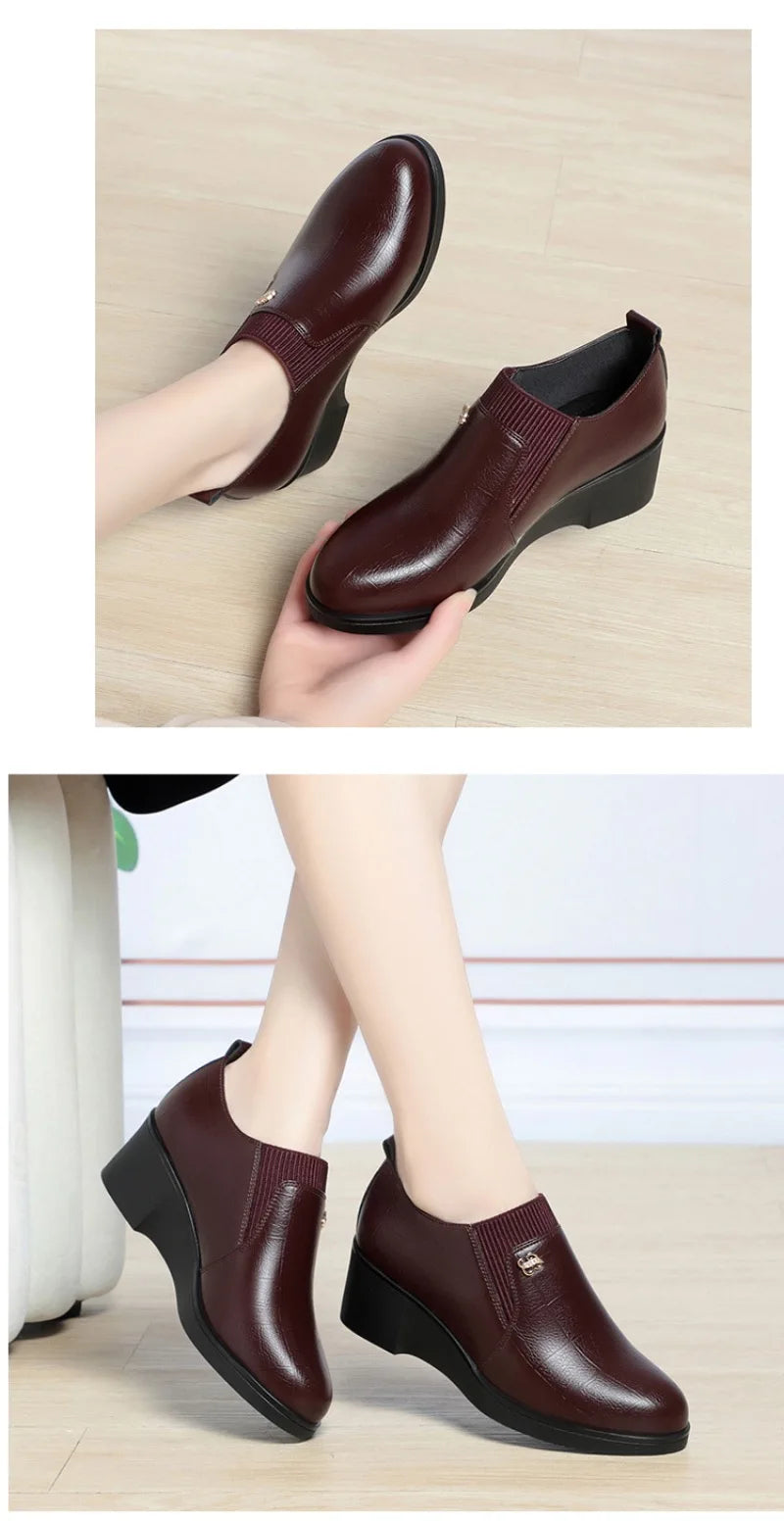 Women’s 2025 PU Wedge Slip-On Shoes – Waterproof Medium Heel Shoes