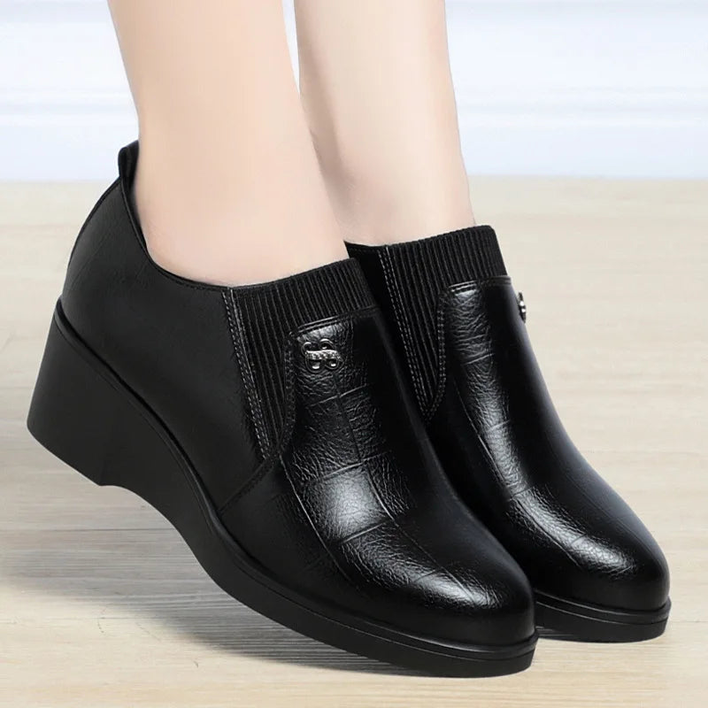 Women’s 2025 PU Wedge Slip-On Shoes – Waterproof Medium Heel Shoes