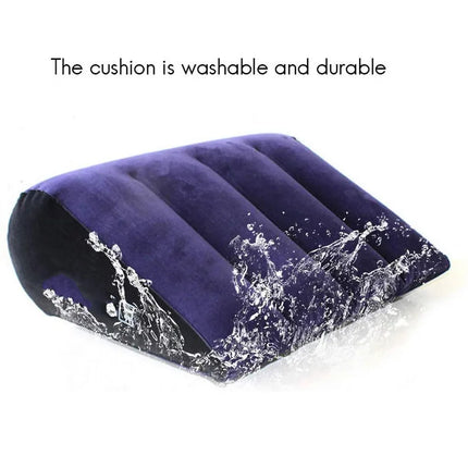 Inflatable cushion with water splashes and text indicating washability and durability on a white background