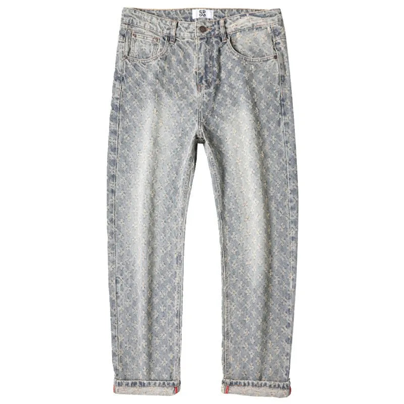 Men’s Jacquard Full Print Jeans Washed Wide Leg Long Pants