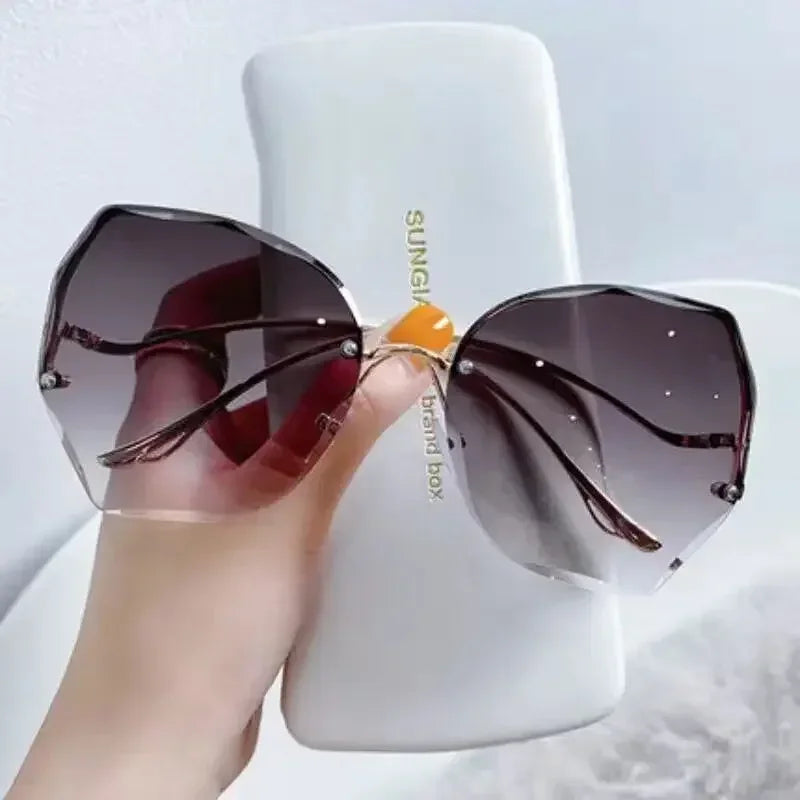 Irregular Round Sunglases, Women Brand Designer Gradient Fashion Sun Glasses, Female Rimless Metal Curved Temples Oculos De Sol